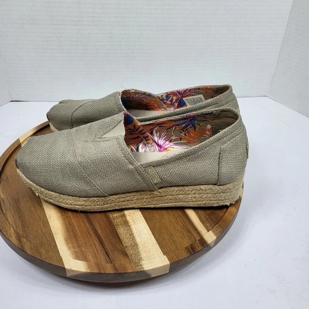 BOBS Skechers Espadrille Women 7 Taupe Platform Slip On 34101 Jute Textile